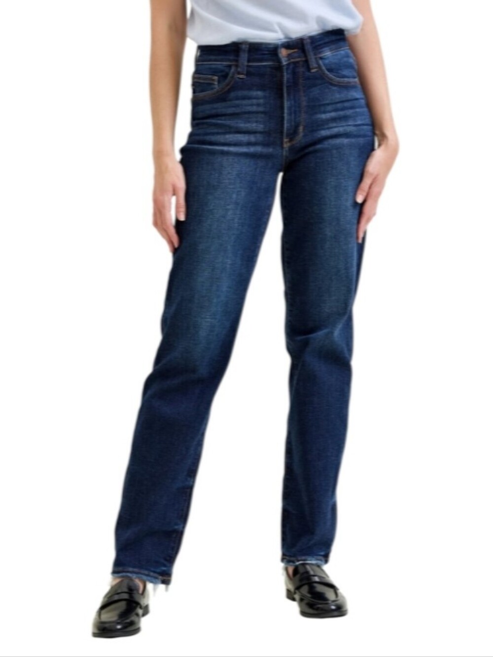 Judy Blue Straight Fit High-Rise Denim Jeans With Distressed Hems